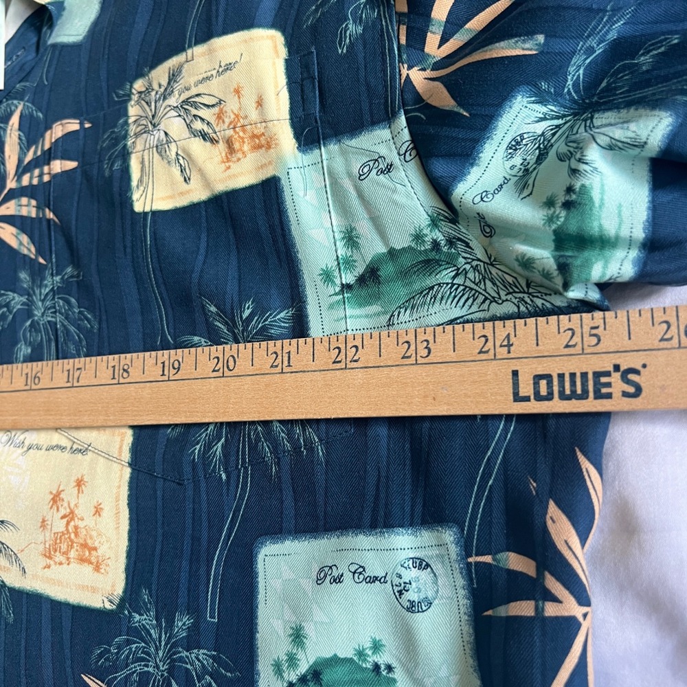 Pineapple Moon Men's Aloha Shirt L 100% Silk Teal Postcard Palm Print NWT - Picture 8 of 8